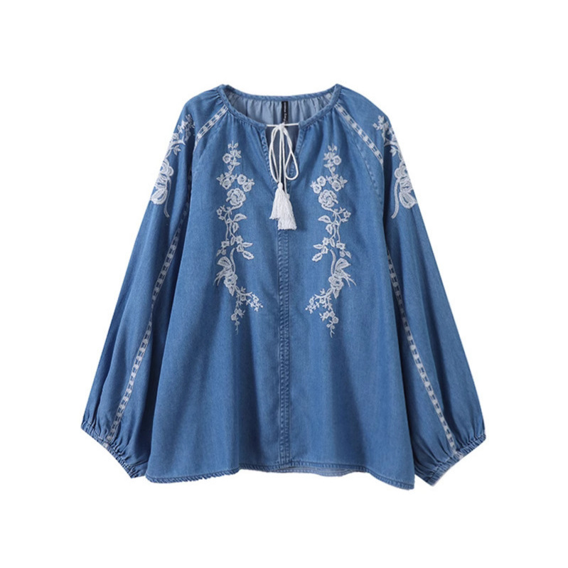 Women Denim Blouse Top Flower  - Tassel Fringe Trim 리뷰 및 가격