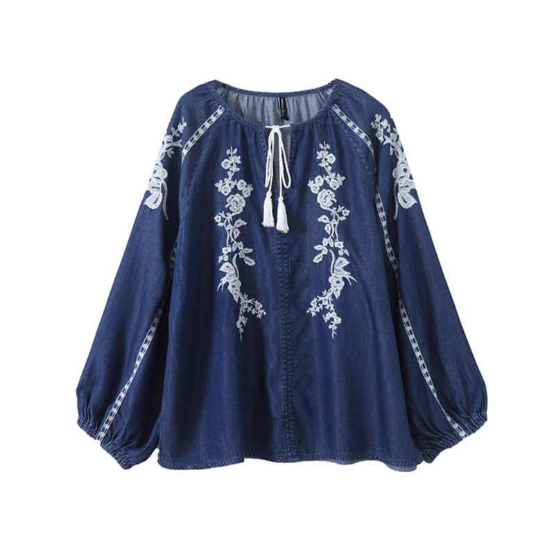 Women Denim Blouse Top Flower  - Tassel Fringe Trim 리뷰 및 가격