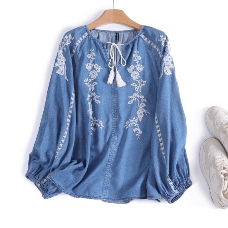 Women Denim Blouse Top Flower  - Tassel Fringe Trim 리뷰 및 가격