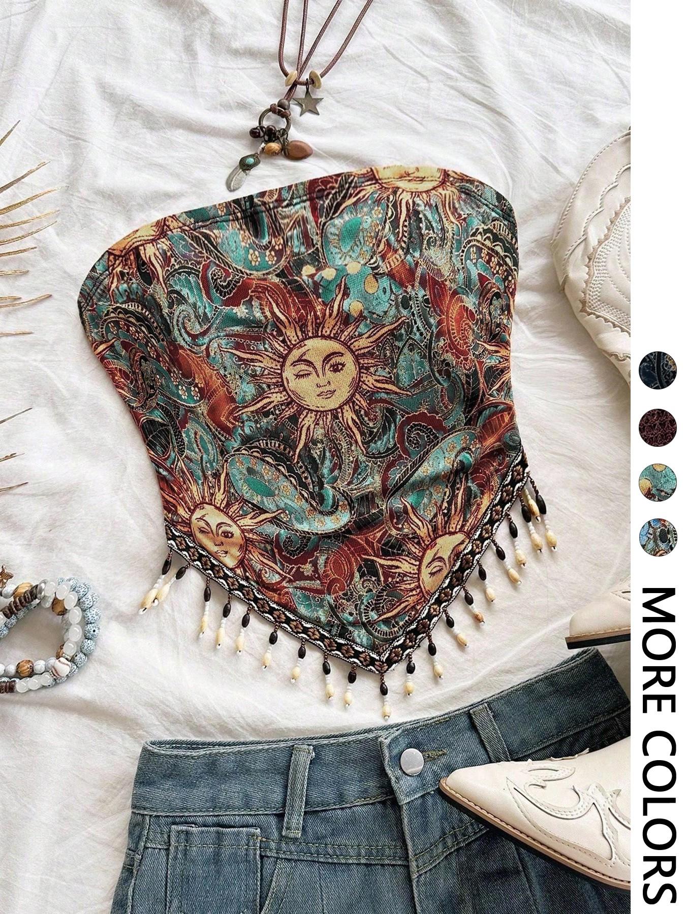 Ladies' 1pc Printed Mesh Knitt - Beaded Trim Fringe 리뷰 및 가격