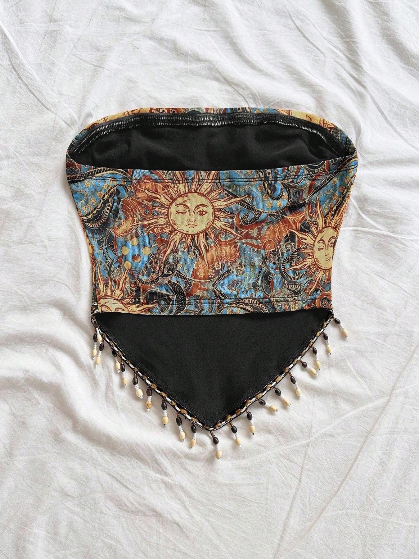 Ladies' 1pc Printed Mesh Knitt - Beaded Trim Fringe 리뷰 및 가격