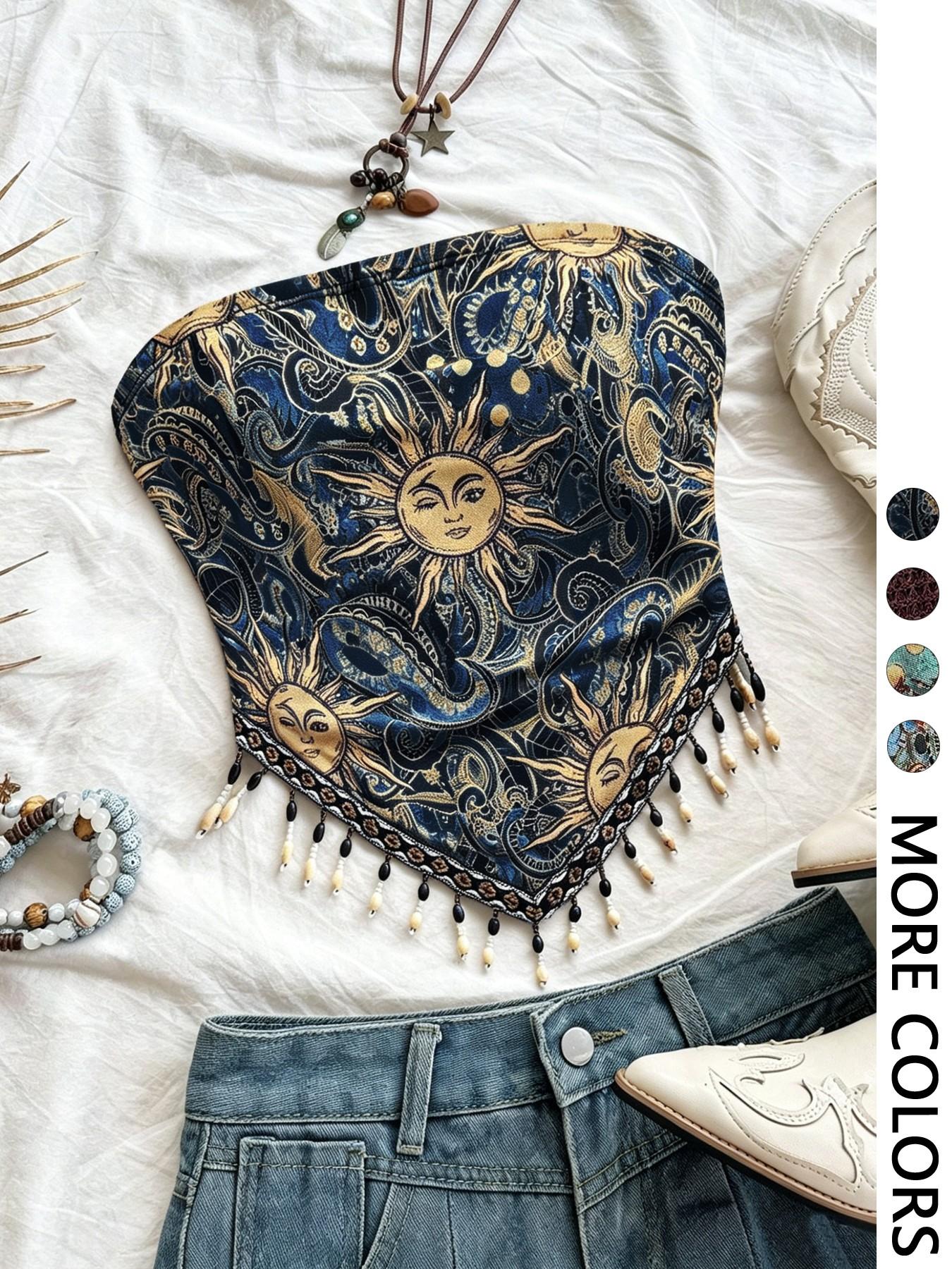 Ladies' 1pc Printed Mesh Knitt - Beaded Trim Fringe 리뷰 및 가격