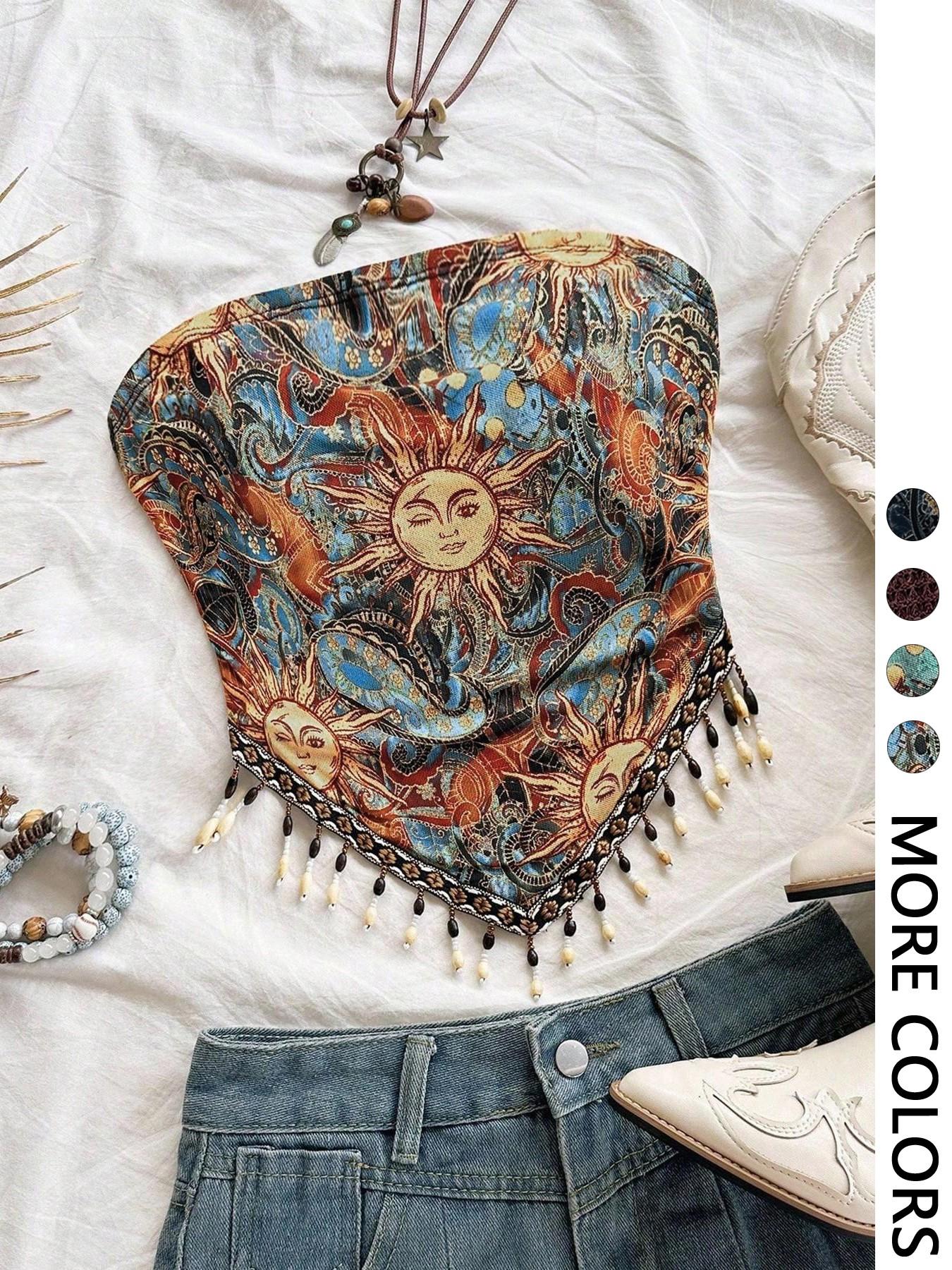 Ladies' 1pc Printed Mesh Knitt - Beaded Trim Fringe 리뷰 및 가격