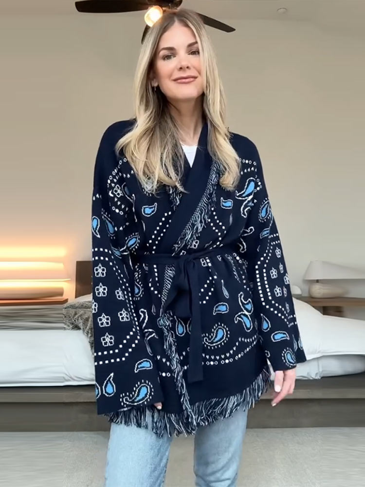 Elegant Print Tassel Cardigan  - Tassel Fringe Trim 리뷰 및 가격