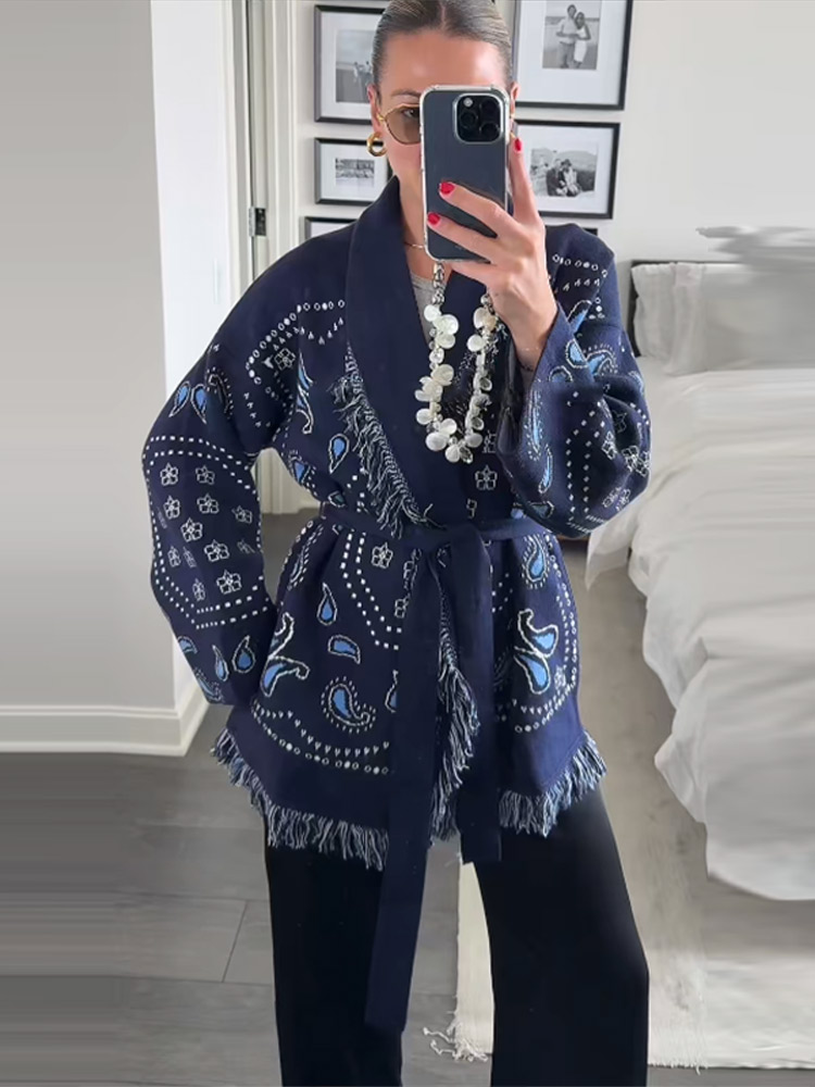 Elegant Print Tassel Cardigan  - Tassel Fringe Trim 리뷰 및 가격